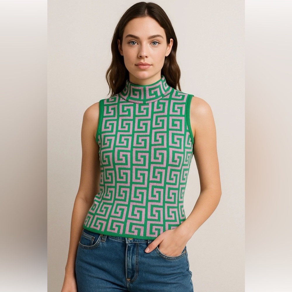 Mahogany & Co Knit Sweater Vest Women’s L Mock‎ Neck Pink Green Geometric Retro